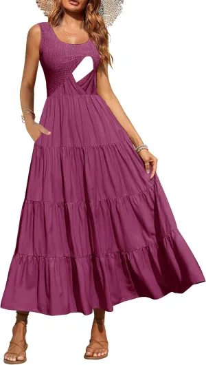 Women's Nursing Dresses Smocked Crew Neck Summer Sleeveless Tiered Maxi Dress with Pockets