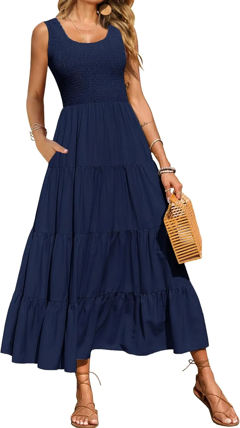 Women's Nursing Dresses Smocked Crew Neck Summer Sleeveless Tiered Maxi Dress with Pockets