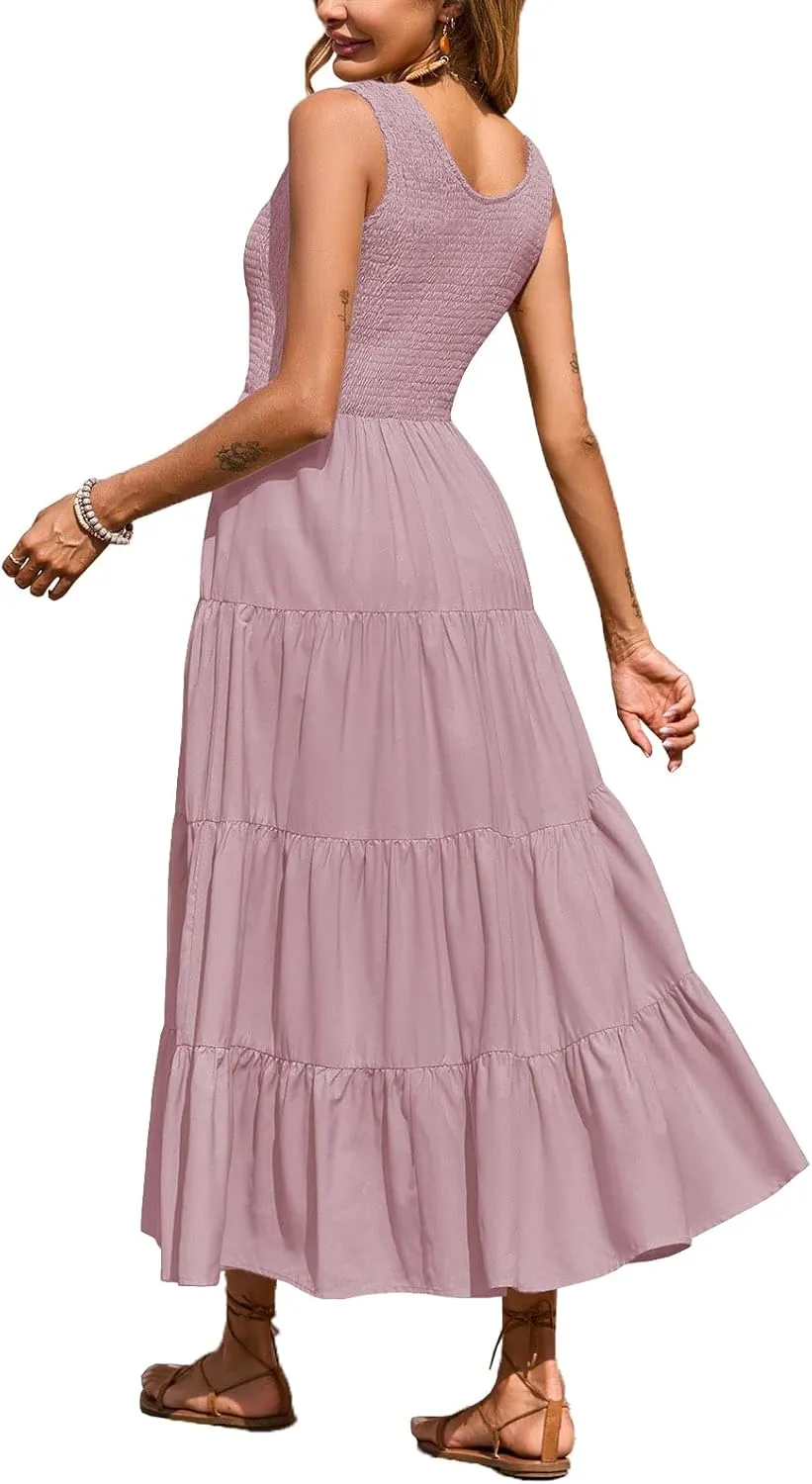Women's Nursing Dresses Smocked Crew Neck Summer Sleeveless Tiered Maxi Dress with Pockets