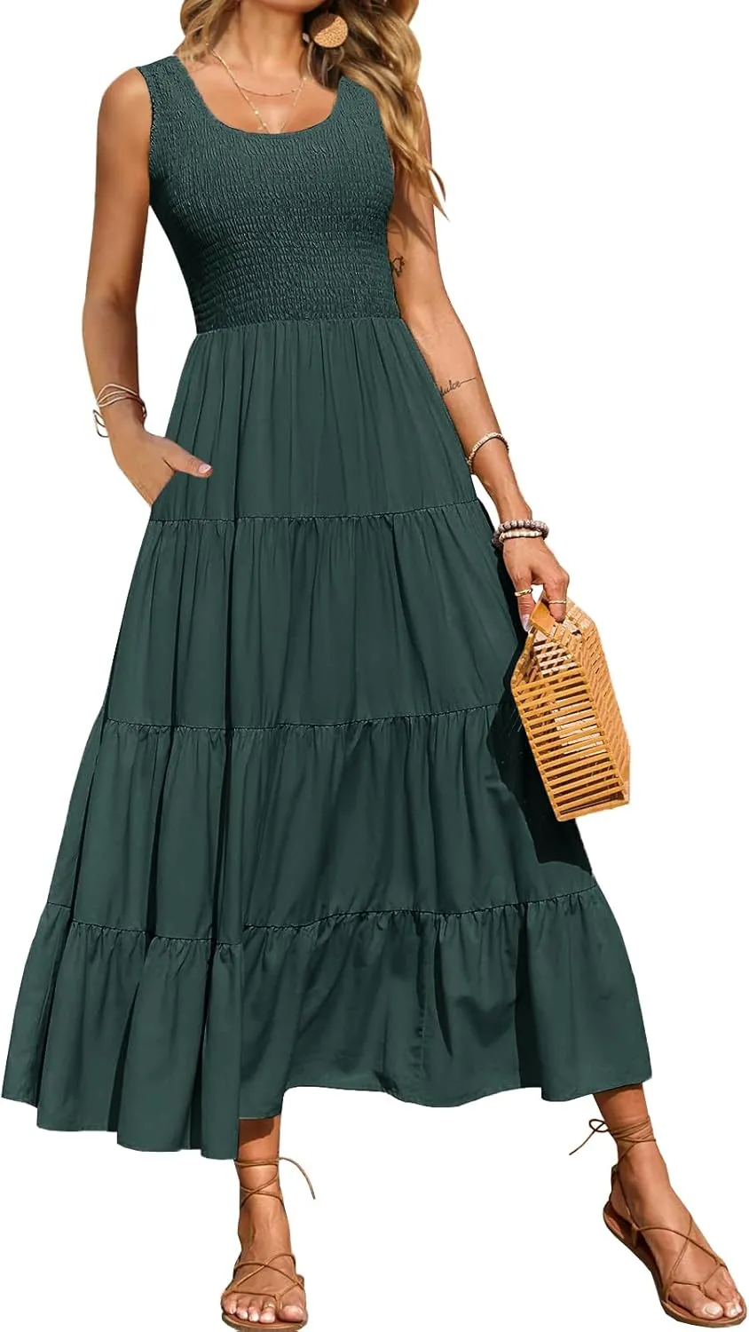 Women's Nursing Dresses Smocked Crew Neck Summer Sleeveless Tiered Maxi Dress with Pockets