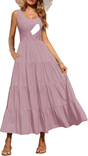 Women's Nursing Dresses Smocked Crew Neck Summer Sleeveless Tiered Maxi Dress with Pockets