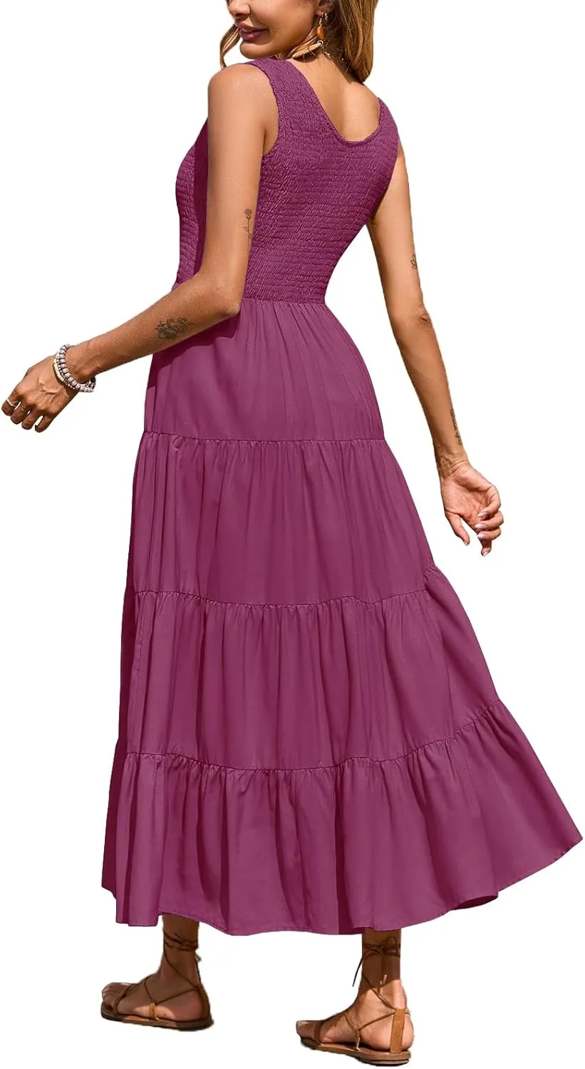 Women's Nursing Dresses Smocked Crew Neck Summer Sleeveless Tiered Maxi Dress with Pockets