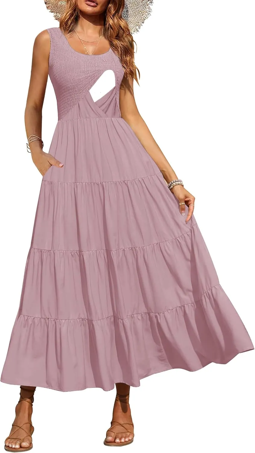 Women's Nursing Dresses Smocked Crew Neck Summer Sleeveless Tiered Maxi Dress with Pockets