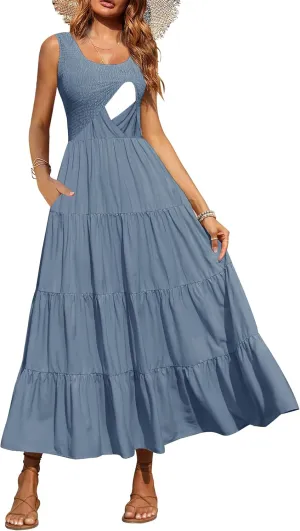 Women's Nursing Dresses Smocked Crew Neck Summer Sleeveless Tiered Maxi Dress with Pockets