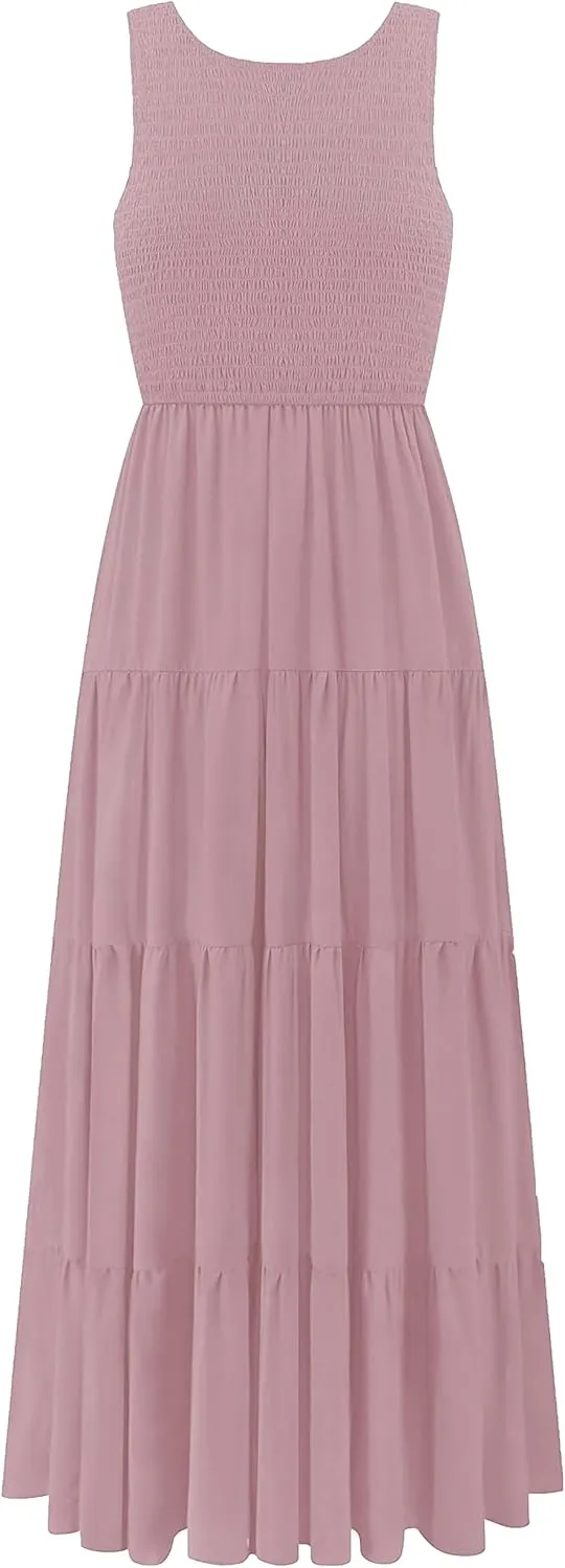 Women's Nursing Dresses Smocked Crew Neck Summer Sleeveless Tiered Maxi Dress with Pockets