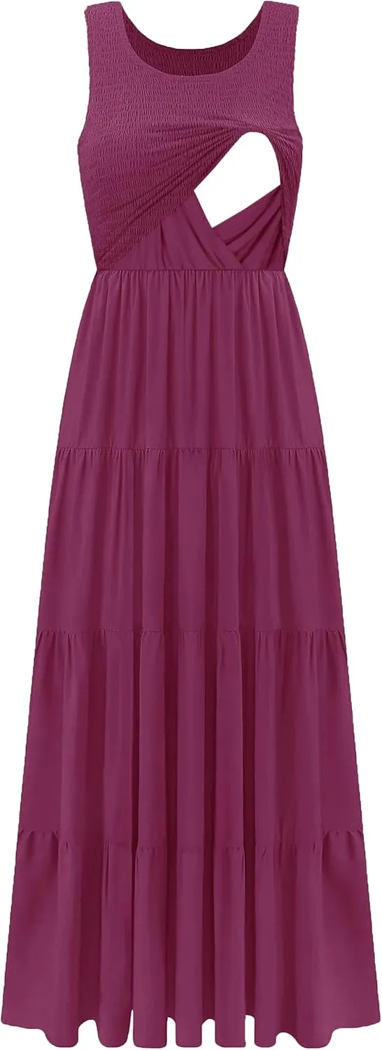 Women's Nursing Dresses Smocked Crew Neck Summer Sleeveless Tiered Maxi Dress with Pockets