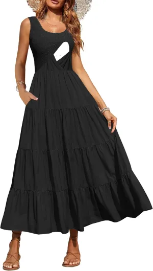 Women's Nursing Dresses Smocked Crew Neck Summer Sleeveless Tiered Maxi Dress with Pockets
