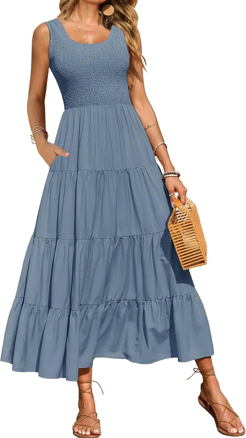Women's Nursing Dresses Smocked Crew Neck Summer Sleeveless Tiered Maxi Dress with Pockets