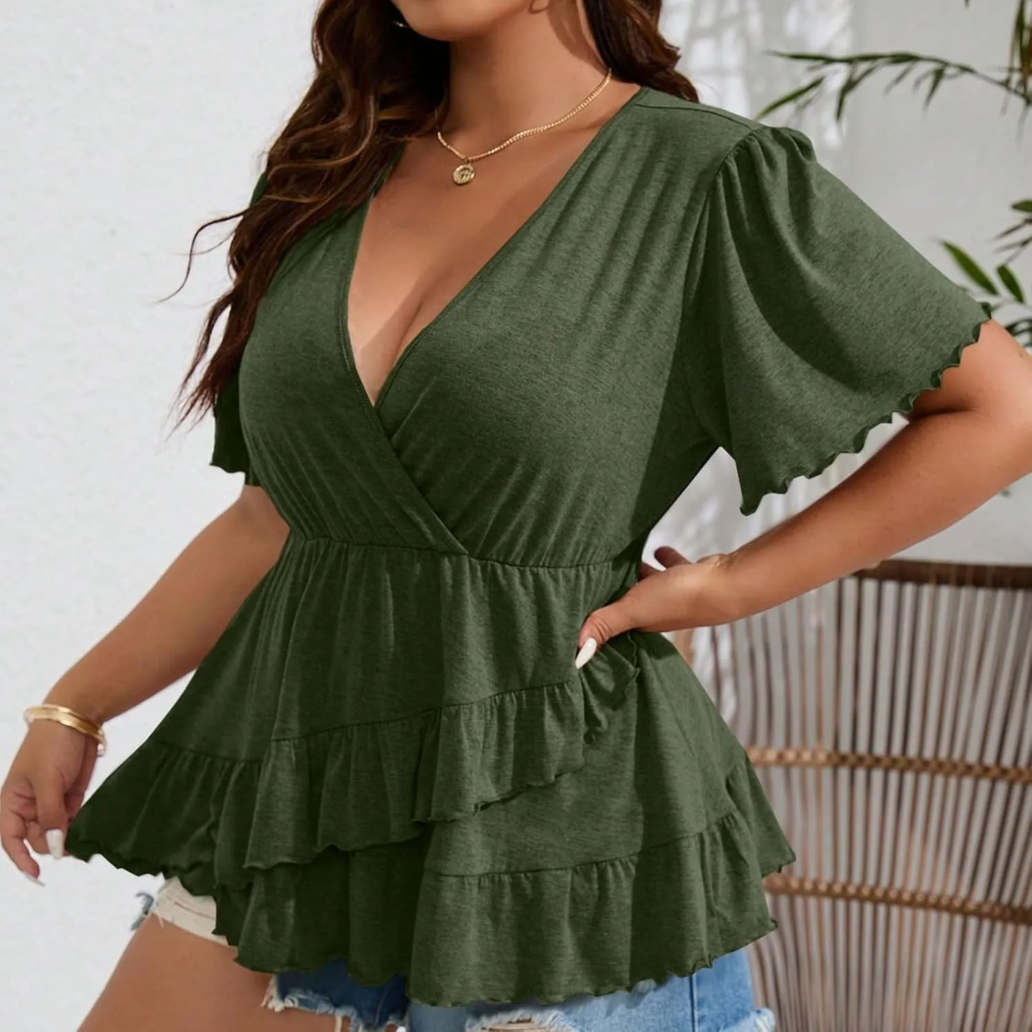 Women's Plus Size Short Sleeve Wrap V Neck Shirts Irregular Tiered Ruffle Hem Blouse Pleated Flared Peplum Babydoll Top