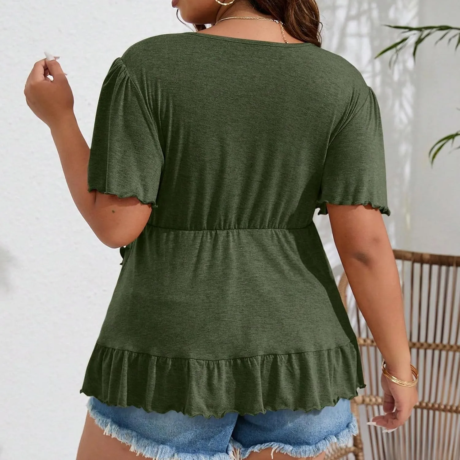 Women's Plus Size Short Sleeve Wrap V Neck Shirts Irregular Tiered Ruffle Hem Blouse Pleated Flared Peplum Babydoll Top