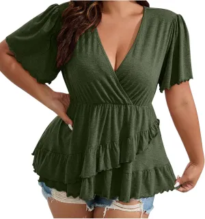Women's Plus Size Short Sleeve Wrap V Neck Shirts Irregular Tiered Ruffle Hem Blouse Pleated Flared Peplum Babydoll Top