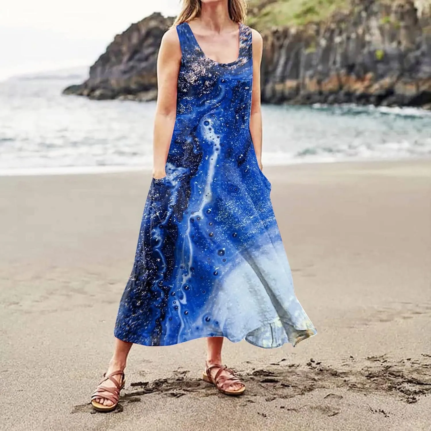 Womens Plus Size Summer Dresses 2025 Gradient Ombre Loose Casual Vacation Sleeveless Boho Tank Midi Pockets Sundresses