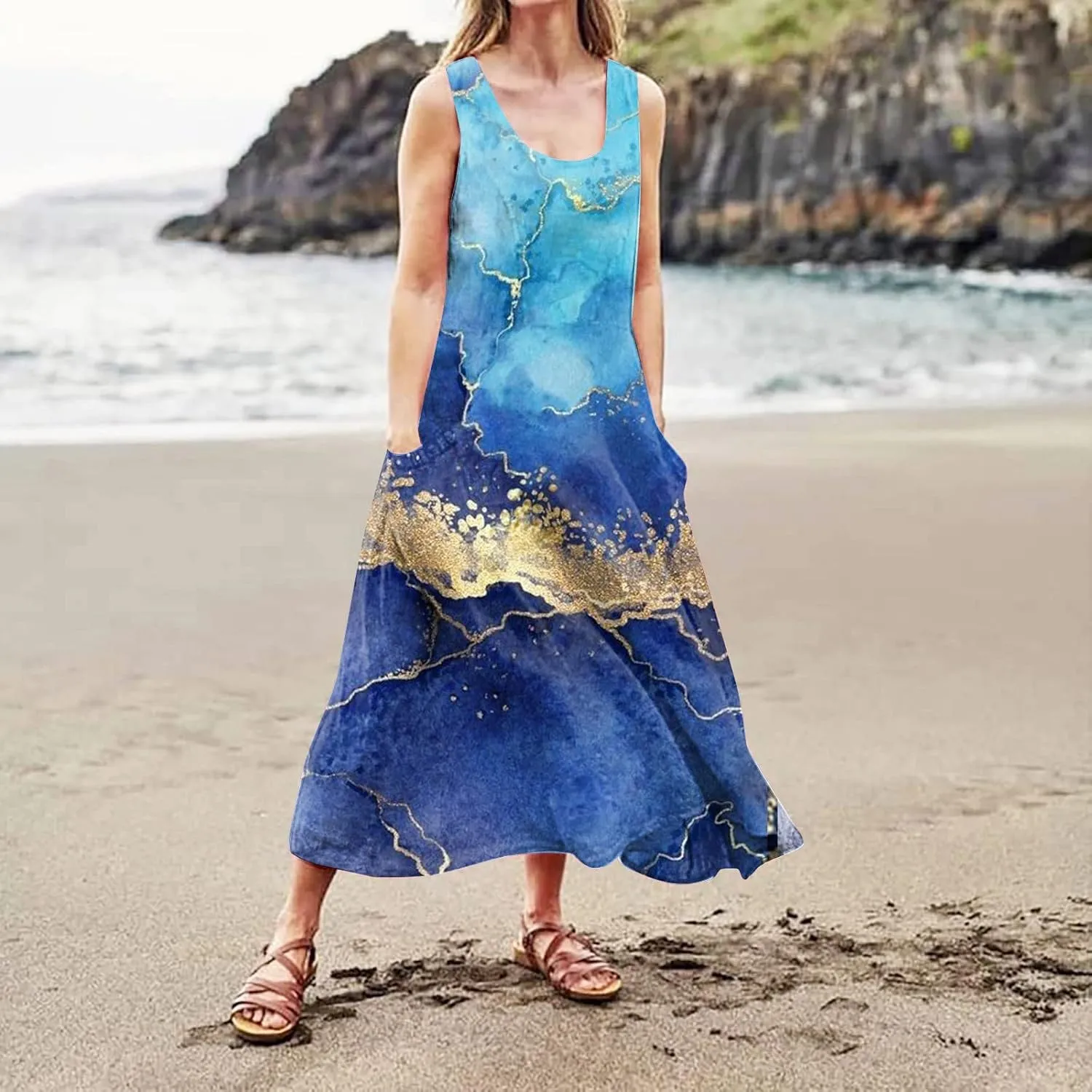 Womens Plus Size Summer Dresses 2025 Gradient Ombre Loose Casual Vacation Sleeveless Boho Tank Midi Pockets Sundresses