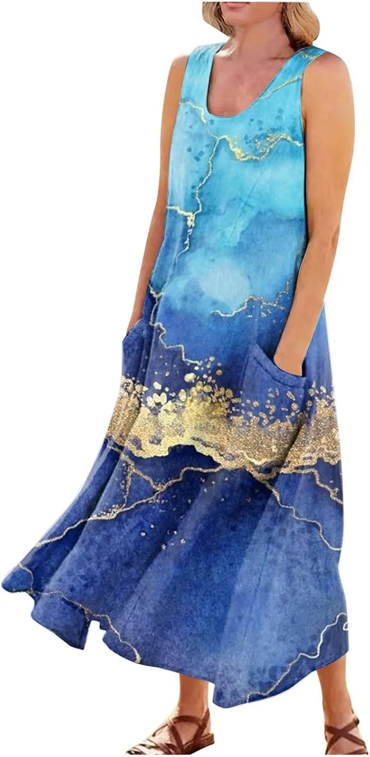 Womens Plus Size Summer Dresses 2025 Gradient Ombre Loose Casual Vacation Sleeveless Boho Tank Midi Pockets Sundresses