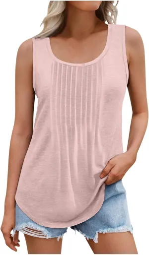 Womens Plus Size Tank Tops Flowy Pleated Tunic Blouse Sleeveless Round Neck Basic Shirts Summer Beach Fashion Clothes