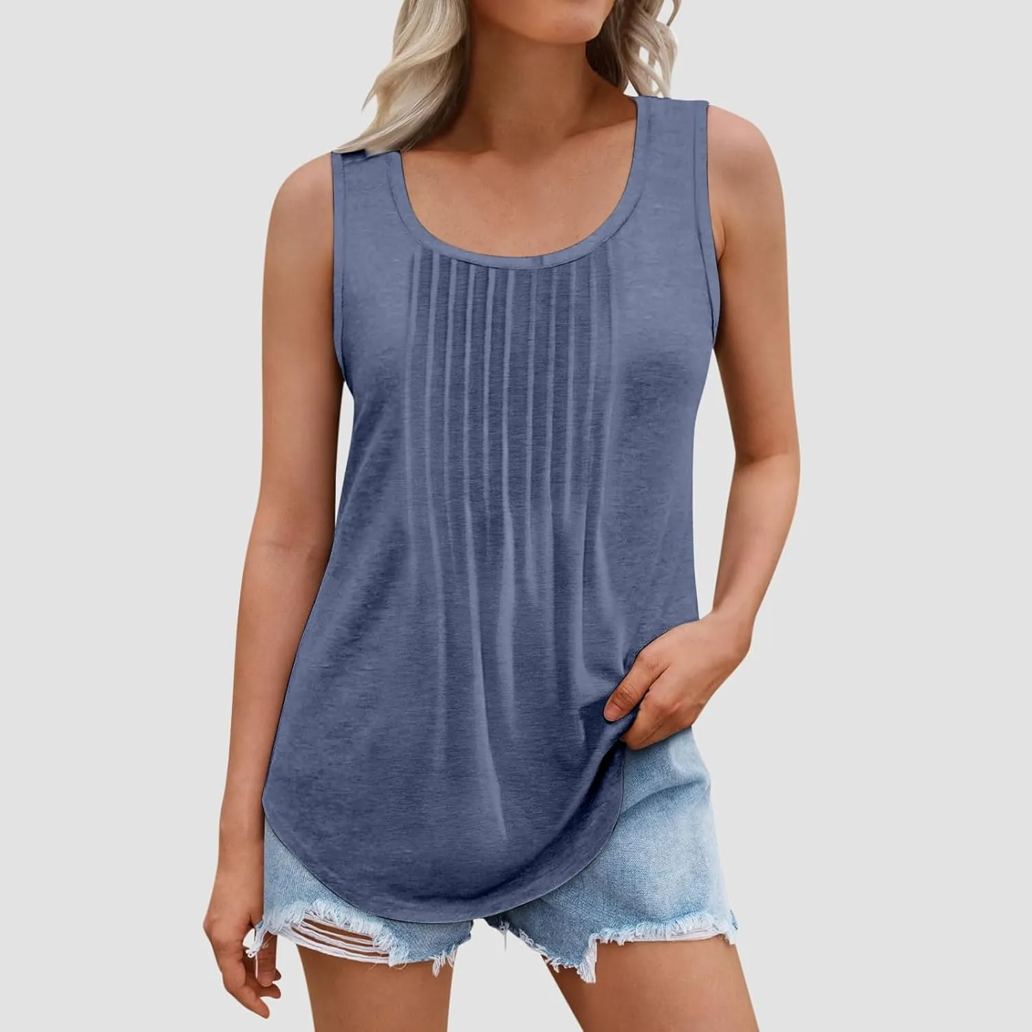 Womens Plus Size Tank Tops Flowy Pleated Tunic Blouse Sleeveless Round Neck Basic Shirts Summer Beach Fashion Clothes