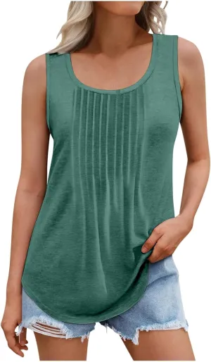 Womens Plus Size Tank Tops Flowy Pleated Tunic Blouse Sleeveless Round Neck Basic Shirts Summer Beach Fashion Clothes