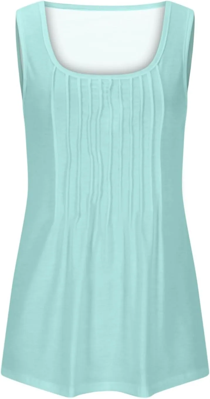 Womens Plus Size Tank Tops Flowy Pleated Tunic Blouse Sleeveless Round Neck Basic Shirts Summer Beach Fashion Clothes