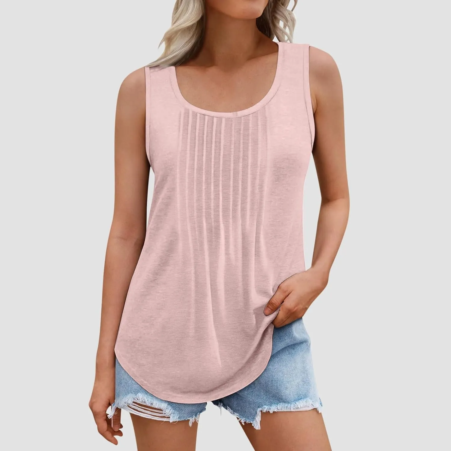 Womens Plus Size Tank Tops Flowy Pleated Tunic Blouse Sleeveless Round Neck Basic Shirts Summer Beach Fashion Clothes