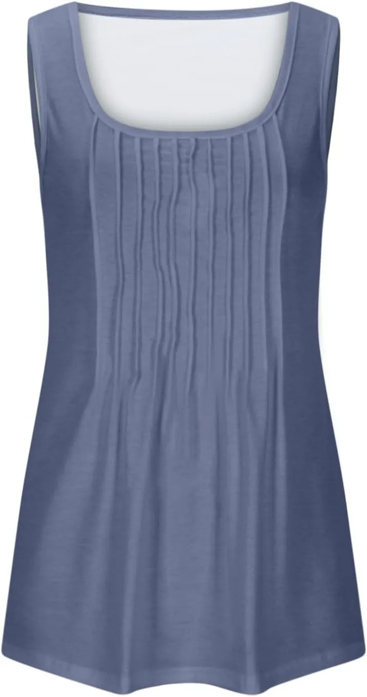 Womens Plus Size Tank Tops Flowy Pleated Tunic Blouse Sleeveless Round Neck Basic Shirts Summer Beach Fashion Clothes