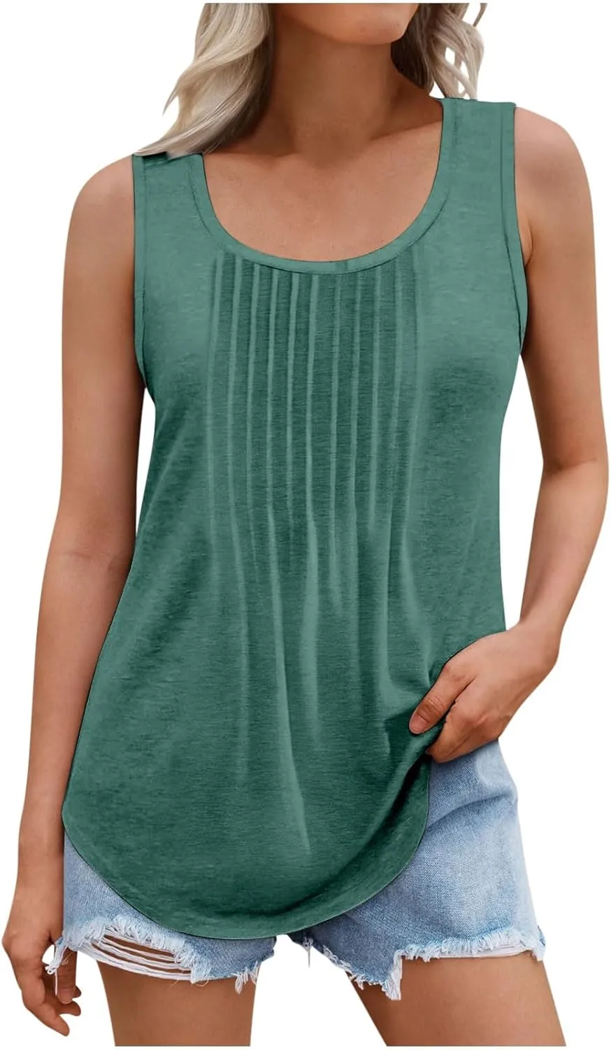 Womens Plus Size Tank Tops Flowy Pleated Tunic Blouse Sleeveless Round Neck Basic Shirts Summer Beach Fashion Clothes