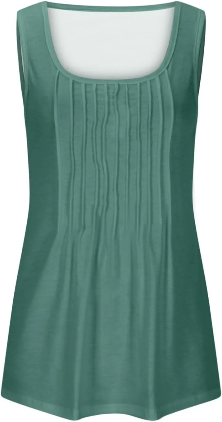 Womens Plus Size Tank Tops Flowy Pleated Tunic Blouse Sleeveless Round Neck Basic Shirts Summer Beach Fashion Clothes