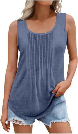 Womens Plus Size Tank Tops Flowy Pleated Tunic Blouse Sleeveless Round Neck Basic Shirts Summer Beach Fashion Clothes