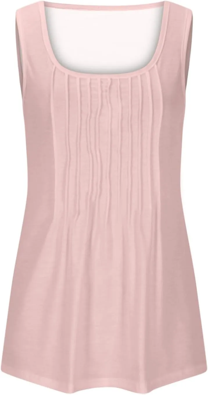 Womens Plus Size Tank Tops Flowy Pleated Tunic Blouse Sleeveless Round Neck Basic Shirts Summer Beach Fashion Clothes