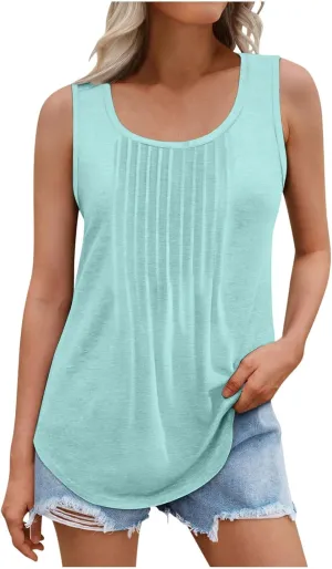 Womens Plus Size Tank Tops Flowy Pleated Tunic Blouse Sleeveless Round Neck Basic Shirts Summer Beach Fashion Clothes