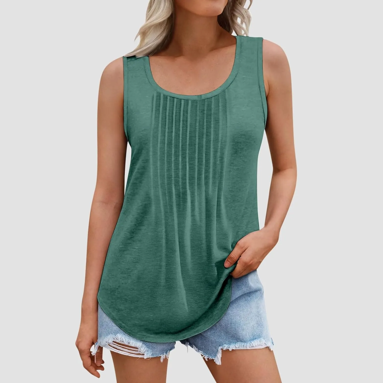 Womens Plus Size Tank Tops Flowy Pleated Tunic Blouse Sleeveless Round Neck Basic Shirts Summer Beach Fashion Clothes