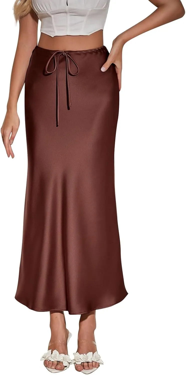 Womens Satin Maxi Skirts Drawstring High Waist Silk Elegant Flowy Casual A-Line Long Skirt Cocktail Party Weekend Midi Skirts