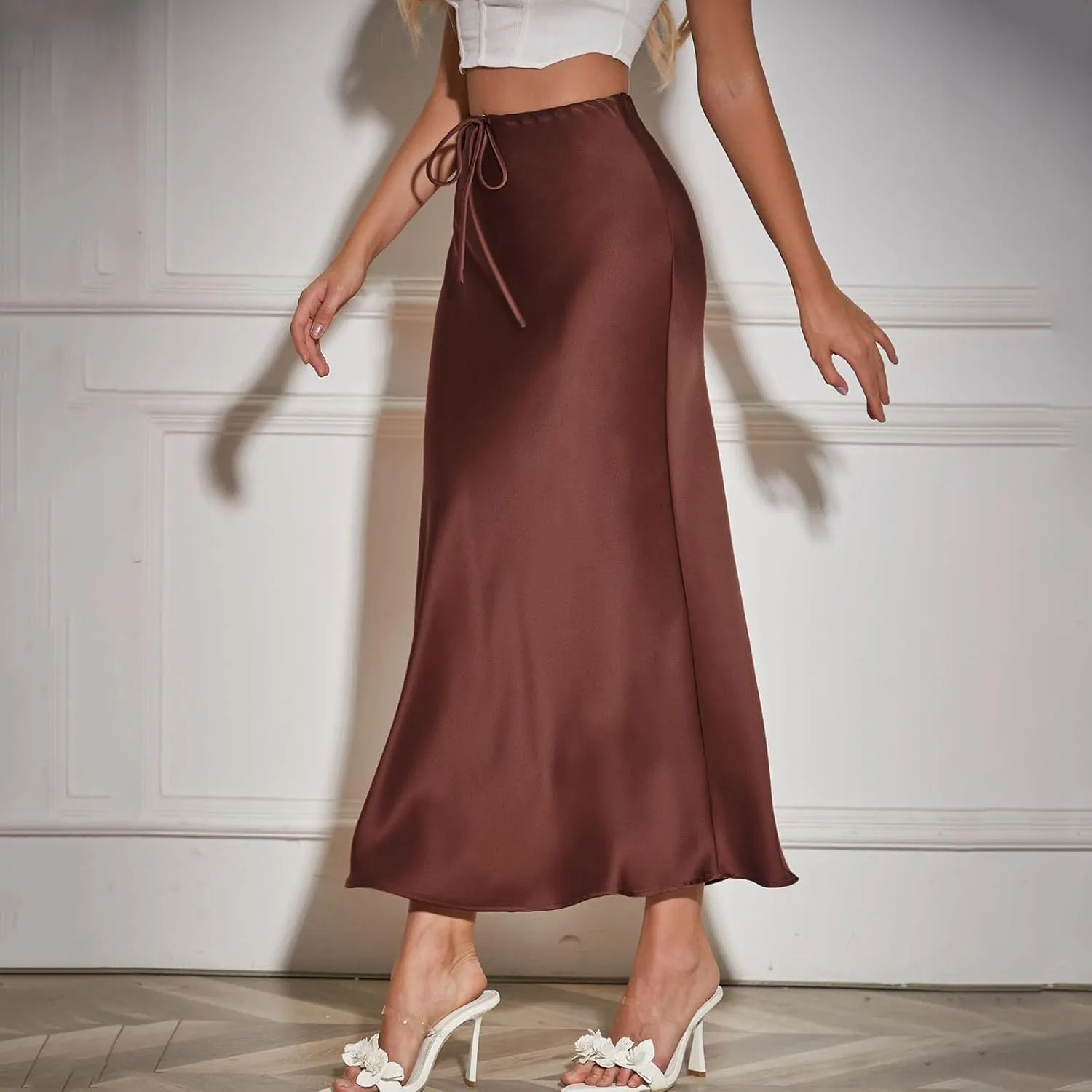 Womens Satin Maxi Skirts Drawstring High Waist Silk Elegant Flowy Casual A-Line Long Skirt Cocktail Party Weekend Midi Skirts