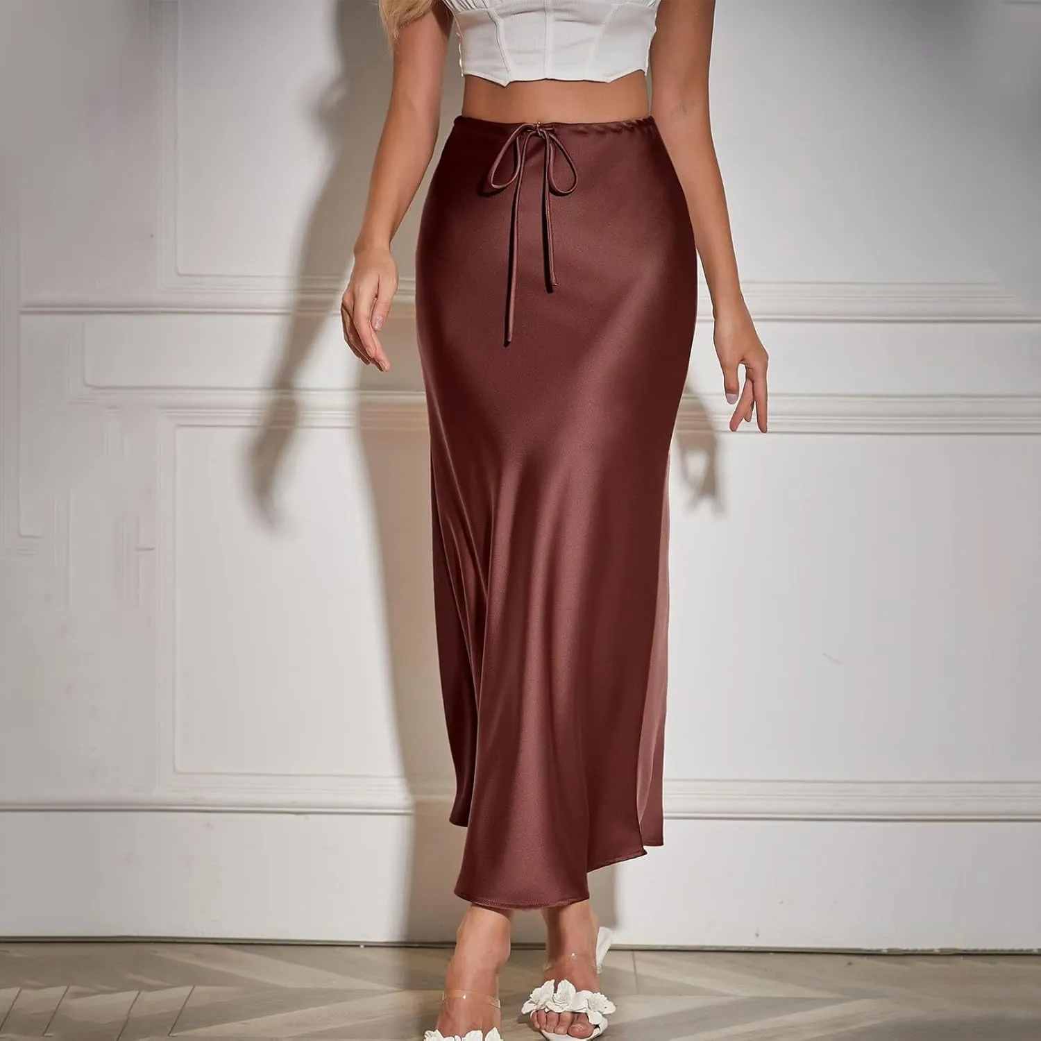 Womens Satin Maxi Skirts Drawstring High Waist Silk Elegant Flowy Casual A-Line Long Skirt Cocktail Party Weekend Midi Skirts