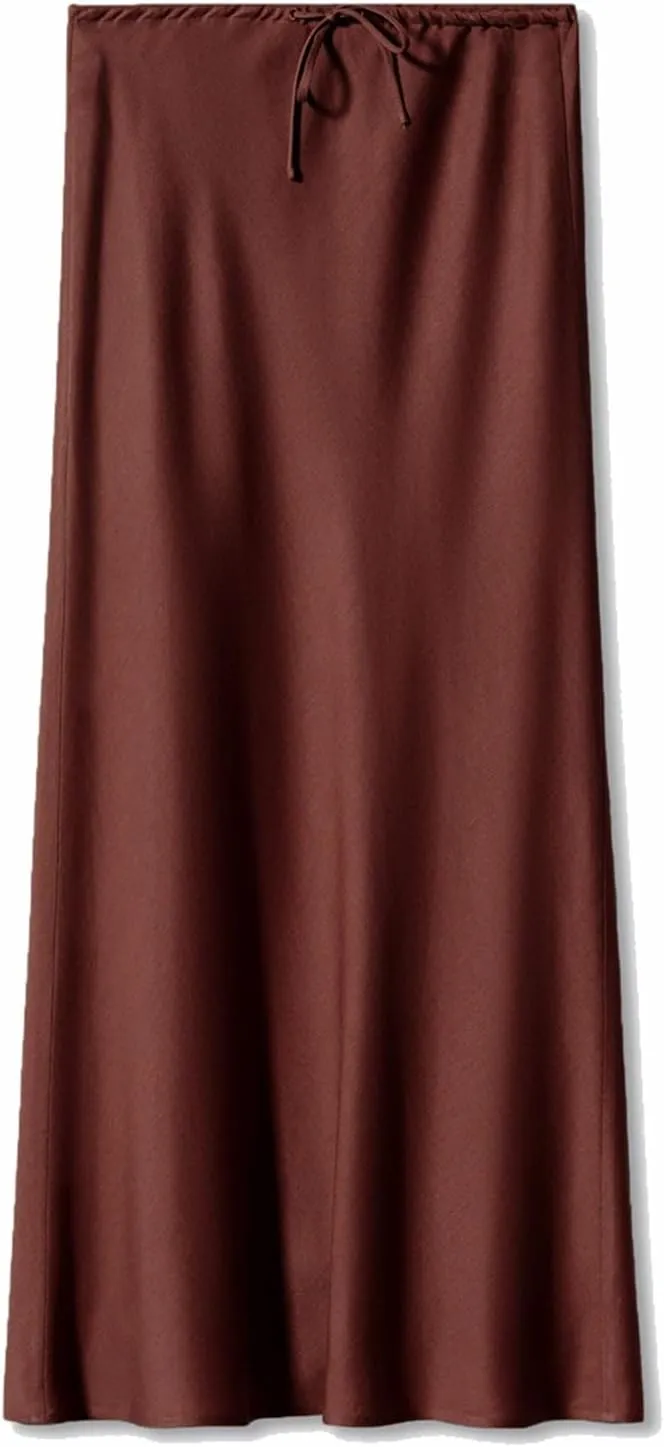 Womens Satin Maxi Skirts Drawstring High Waist Silk Elegant Flowy Casual A-Line Long Skirt Cocktail Party Weekend Midi Skirts