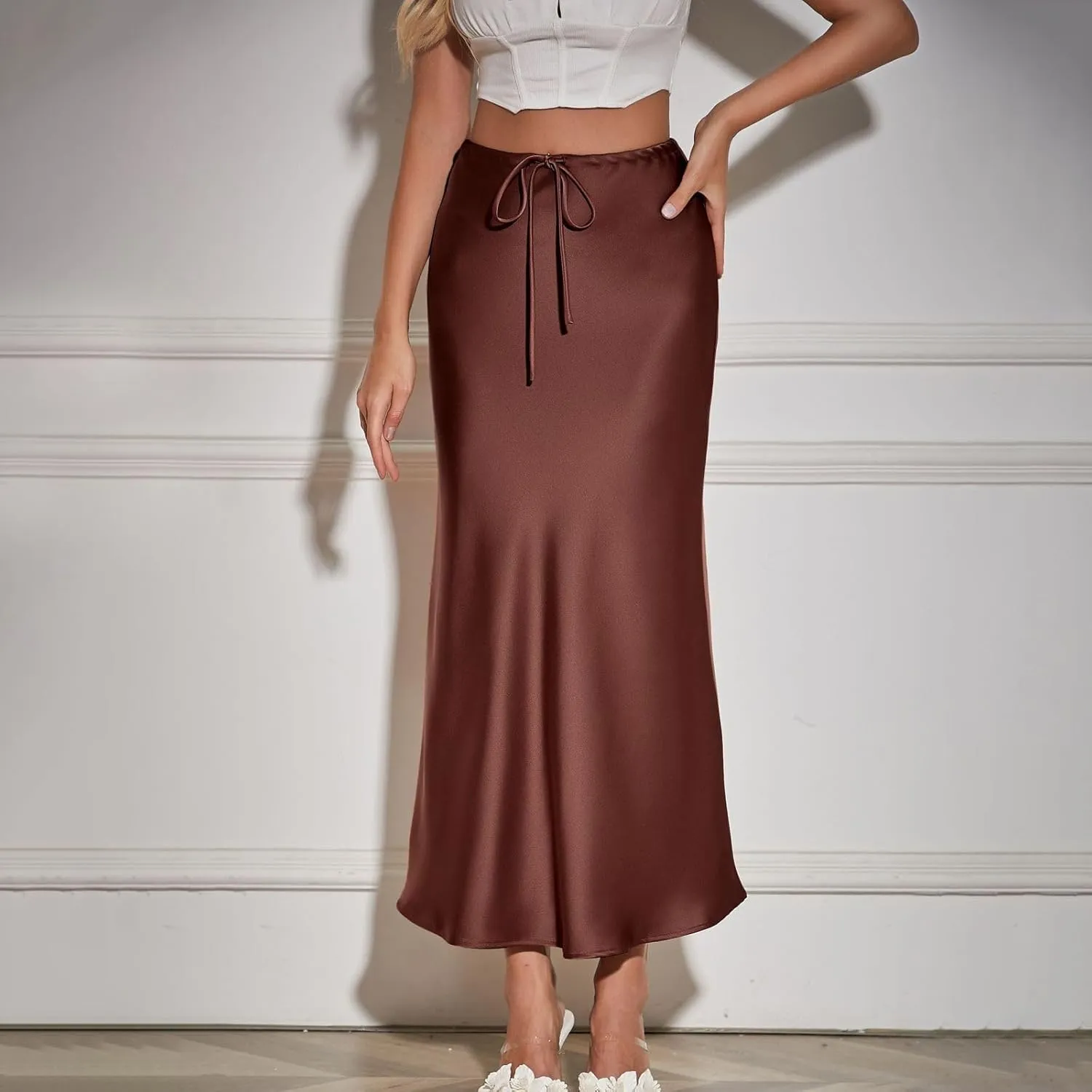 Womens Satin Maxi Skirts Drawstring High Waist Silk Elegant Flowy Casual A-Line Long Skirt Cocktail Party Weekend Midi Skirts