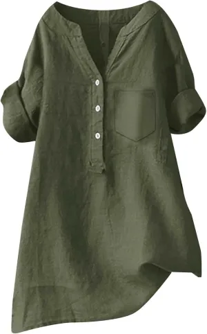 Women's Short Sleeve Cotton Linen Shirts Casual V Neck Soft T Shirts Floral Loose Fit Summer Tshirts