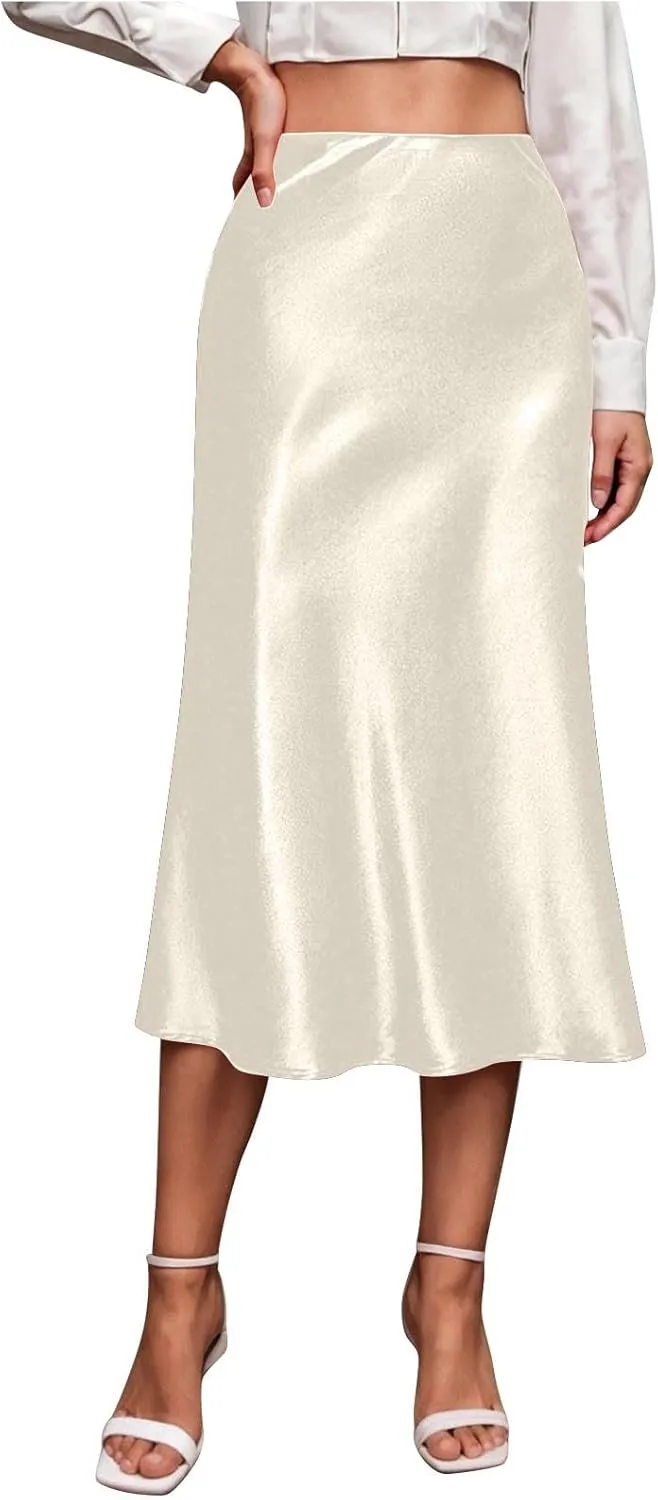 Women's Silk Satin Midi Skirt High Waisted Wrap Bodycon Long Pencil Skirts Dressy Elegant Skirt Party Clubwear