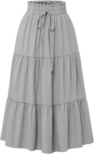 Womens Skirt Summer Drawstring High Waist Midi Skirt Work A-Line Floral Print Layered Tiered Ruffle Skirts Knee Length