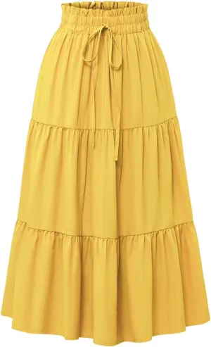 Womens Skirt Summer Drawstring High Waist Midi Skirt Work A-Line Floral Print Layered Tiered Ruffle Skirts Knee Length