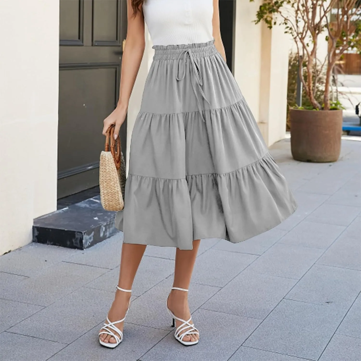 Womens Skirt Summer Drawstring High Waist Midi Skirt Work A-Line Floral Print Layered Tiered Ruffle Skirts Knee Length