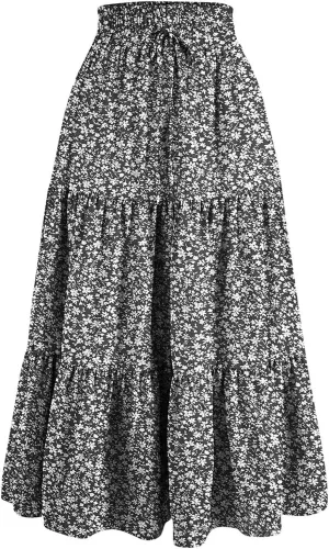 Women's Smocked Elastic High Waist Maxi A Line Skirt Floral Boho Long Skirts with Pockets 2025 Summer Beach Vaction Fashion