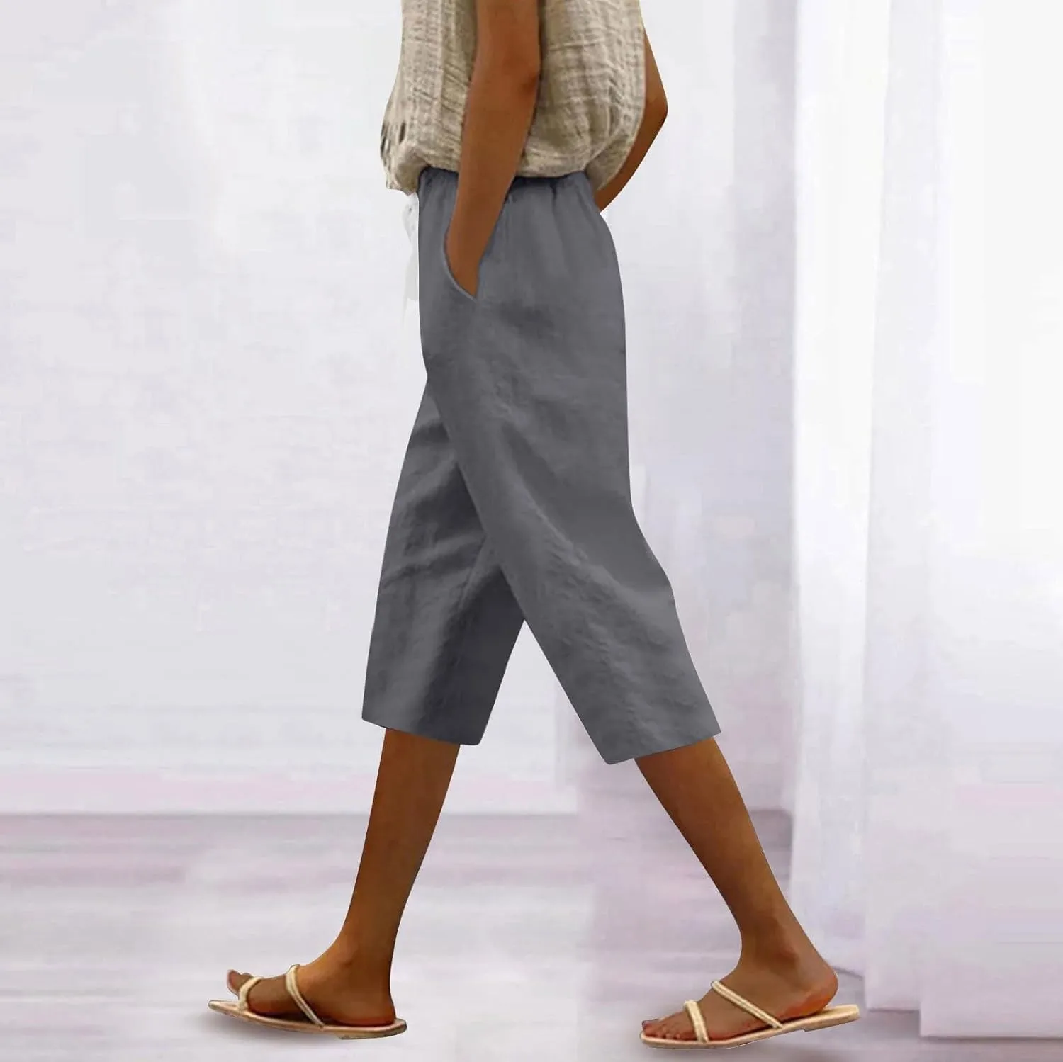 Womens Summer Bermuda Linen Shorts Knee Length Lightweight Loose Summer Casual Shorts with Pockets
