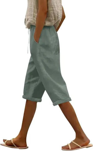 Womens Summer Bermuda Linen Shorts Knee Length Lightweight Loose Summer Casual Shorts with Pockets
