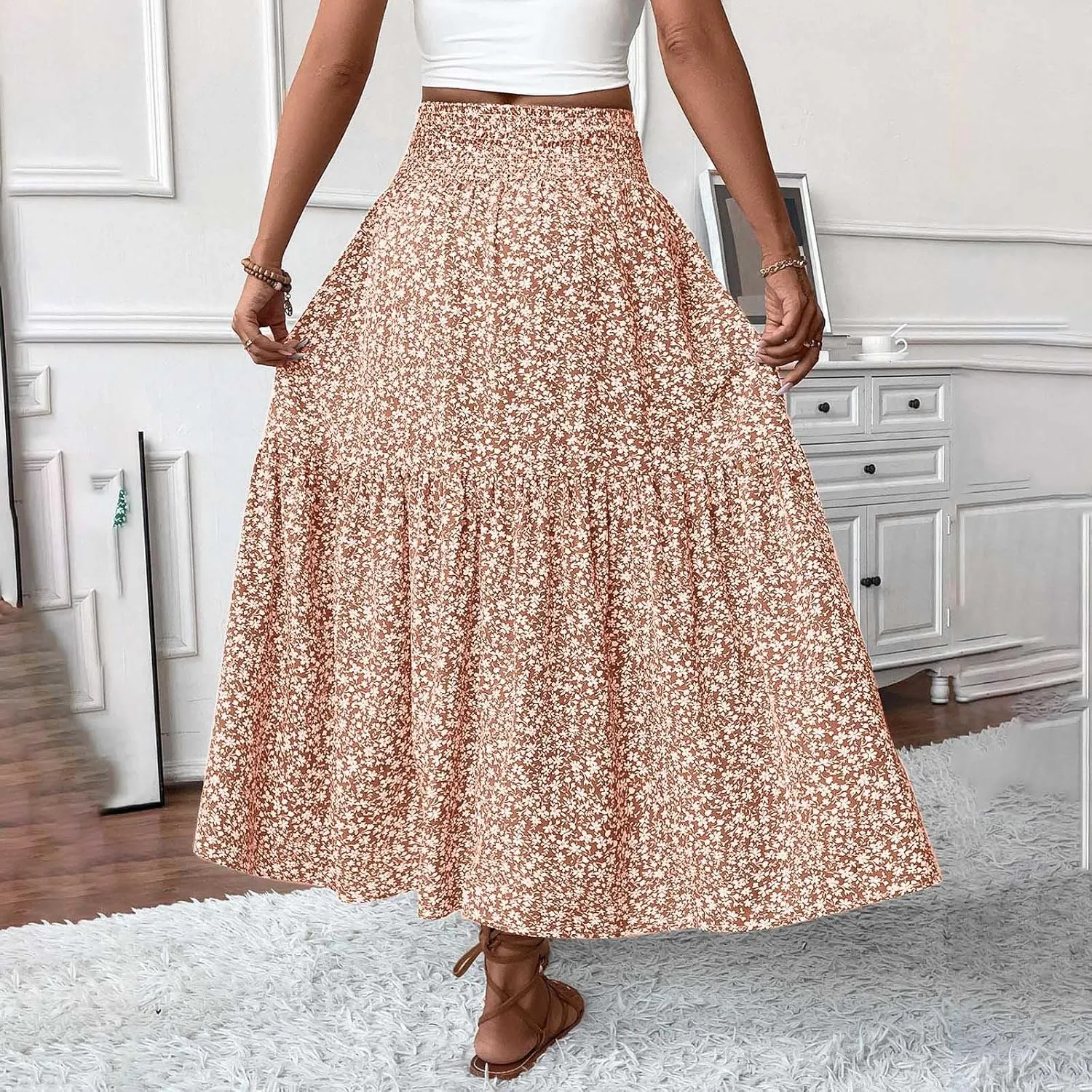Womens Summer Boho Floral Flowy Tiered Maxi Skirt Fashion Elastic High Waist Pleated Vacation Beach Long Skirts