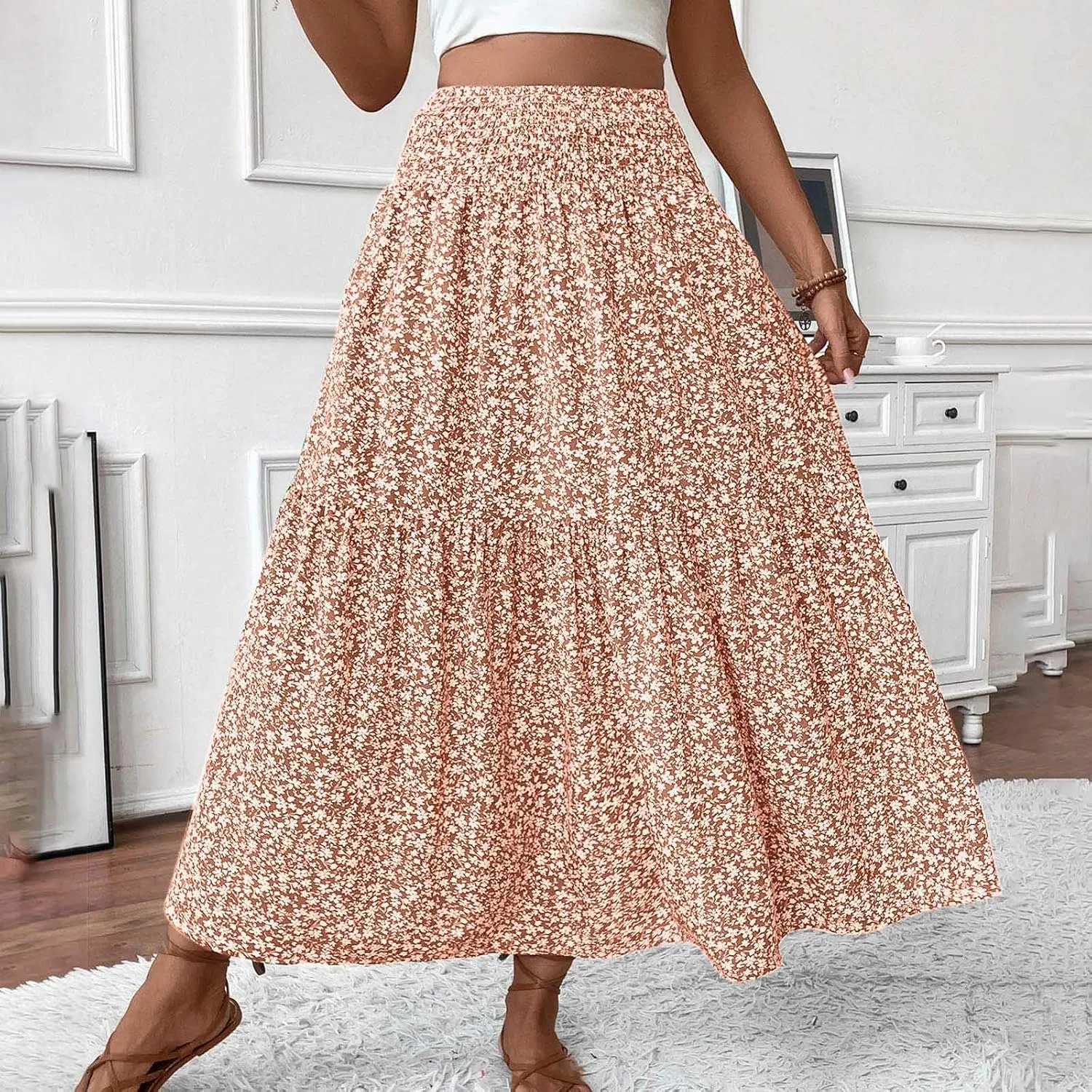 Womens Summer Boho Floral Flowy Tiered Maxi Skirt Fashion Elastic High Waist Pleated Vacation Beach Long Skirts