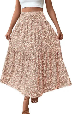 Womens Summer Boho Floral Flowy Tiered Maxi Skirt Fashion Elastic High Waist Pleated Vacation Beach Long Skirts