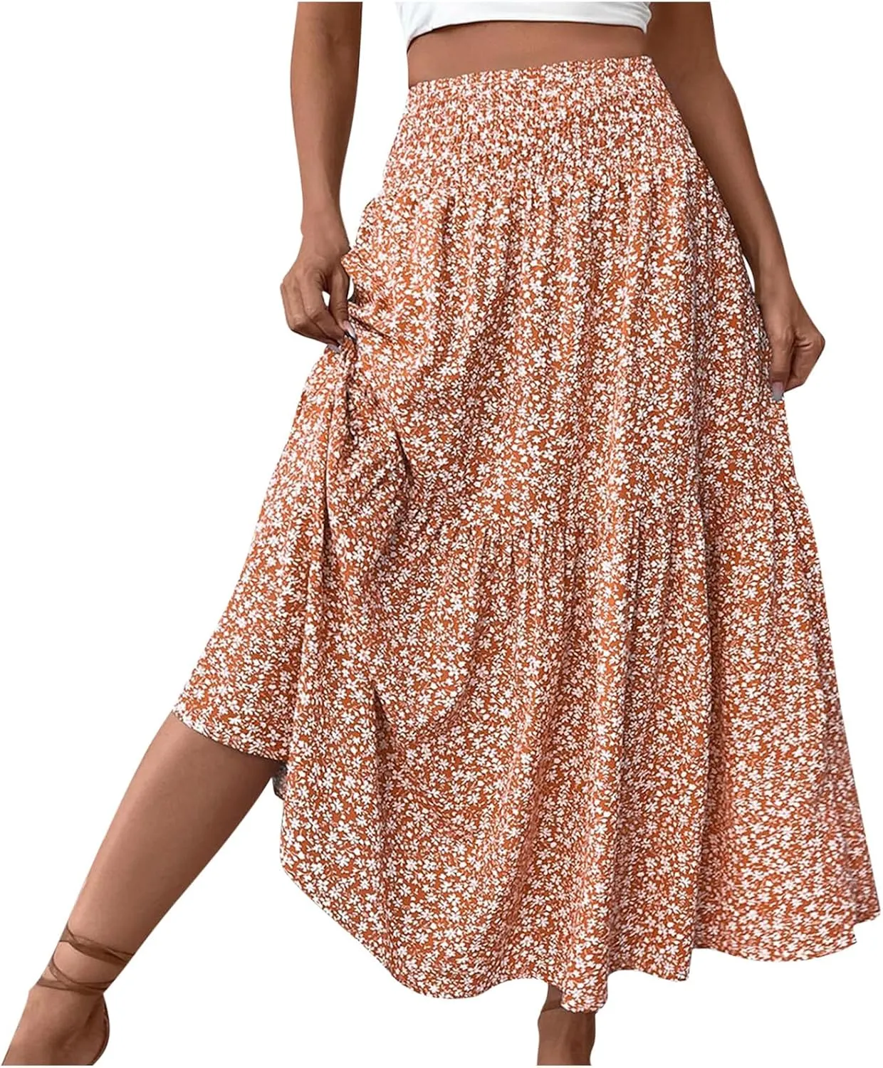 Womens Summer Boho Floral Flowy Tiered Maxi Skirt Fashion Elastic High Waist Pleated Vacation Beach Long Skirts