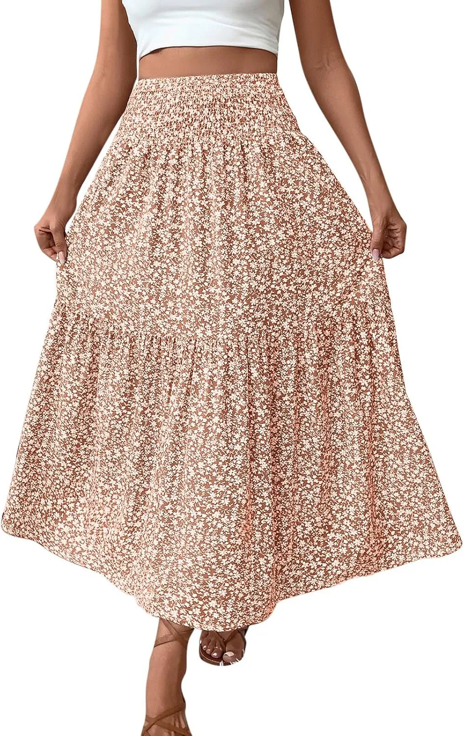 Womens Summer Boho Floral Flowy Tiered Maxi Skirt Fashion Elastic High Waist Pleated Vacation Beach Long Skirts