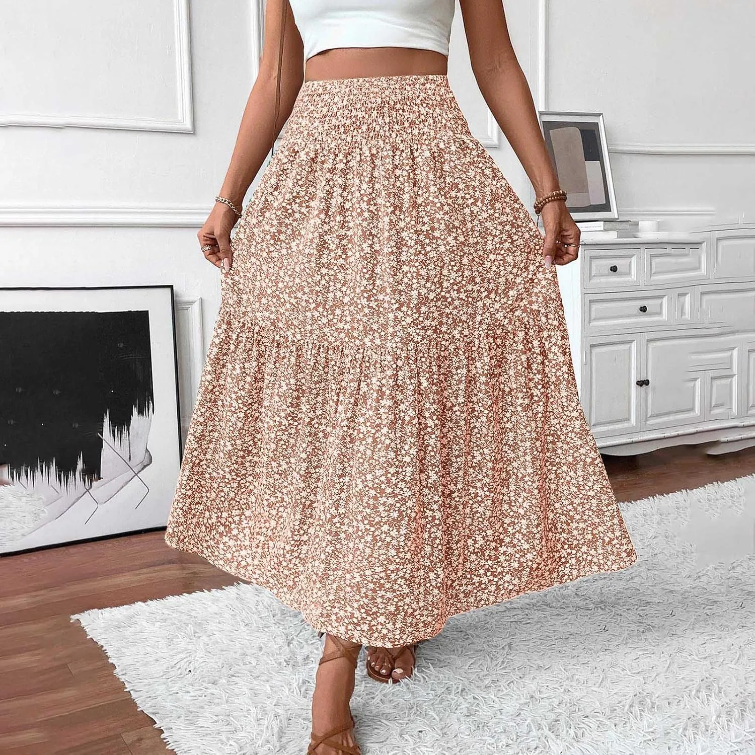 Womens Summer Boho Floral Flowy Tiered Maxi Skirt Fashion Elastic High Waist Pleated Vacation Beach Long Skirts