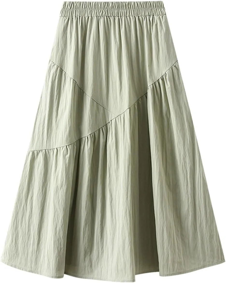 Womens Summer Boho Flowy Swing Tiered A-Line Midi Skirt Stretch Waist A-Line Big Swing Peasant Skirt 2025 Trendy